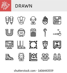 drawn icon set. Collection of Drawing, Fins, Shell, Hippie, Hamsa, Tic tac toe, Horseshoe, Cheese balls, Sceptre, Pipe of peace, Sketch, Sneaker, Floral design, Cod, d printing icons