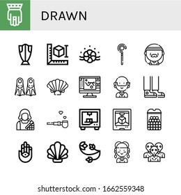 conjunto de iconos dibujados. Colección de Hamsa, Cod, d printer, Floral design, Scepter, Hippie, Fins, Shell, Sketch, Sneaker, Makeup artista, Pipe de paz, d print, iconos de bolas de queso