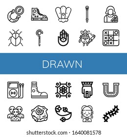 drawn icon set. Collection of Horseshoe, Stink bug, Sneakers, Sceptre, Shell, Hamsa, Drawing, Makeup artist, Tic tac toe, Mp player, Alien, Floral design, Hippie, Scolopendra icons