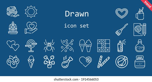 drawn icon set. line icon style. drawn related icons such as smoothie, potion, blueberries, broom, paint, bird cage, decorative, yarn ball, sun, heart, dart board, ice cream, tic tac toe, chinese ink