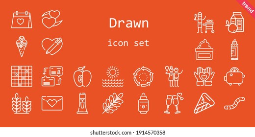 drawn icon set. line icon style. drawn related icons such as worm, birch, wedding day, cream, branch, sun, heart, milkshake, apple, ice cream, marker, repeat, fish, tic tac toe, dialogue, love letter