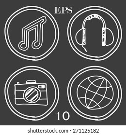 Drawn icons camera, headphones, globe, note