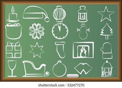 Drawn icons with Christmas paraphernalia on the school board