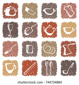 Drawn icons of kitchen ware. Vector illustration