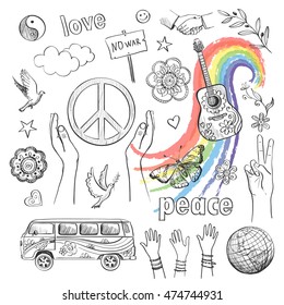 Drawn icons peace and love , hippie theme