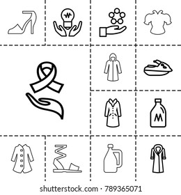 Drawn icons. set of 13 editable outline drawn icons such as milk can, overcoat, atom in hand, bulb in hand, ribbon on hand, jet ski, heel sandals, sandals