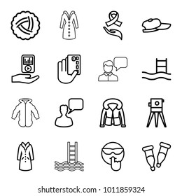 Drawn icons. set of 16 editable outline drawn icons such as nest, overcoat, chatting man, theodolite, cool emot, pool ladder, credit card in hand, baseball cap, pipette