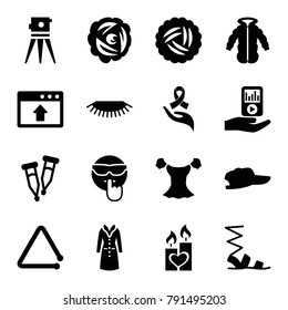 Drawn icons. set of 16 editable filled drawn icons such as nest, sandals, blouse, overcoat, theodolite, cool emot, baseball cap, candle heart, pipette, ribbon on hand