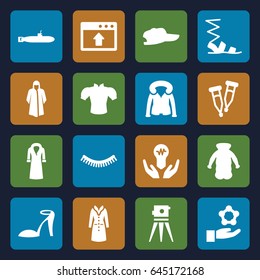 Drawn icons set. set of 16 drawn filled icons such as eyelash, heel sandals, overcoat, sandals, blouse, theodolite, pipette, submarine, bulb in hand, atom in hand