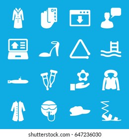 Drawn icons set. set of 16 drawn filled icons such as heel sandals, sandals, overcoat, chatting man, cool emot, pipette, triangle musical instrument, real estate on laptop