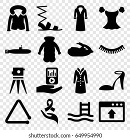 Drawn icons set. set of 16 drawn filled icons such as eyelash, heel sandals, sandals, blouse, overcoat, theodolite, ribbon on hand, triangle musical instrument