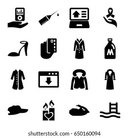 Drawn icons set. set of 16 drawn filled icons such as milk can, heel sandals, overcoat, candle heart, ribbon on hand, injection rash, mp3 player on hand, real estate on laptop