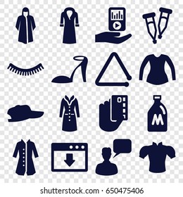 Drawn icons set. set of 16 drawn filled icons such as milk can, eyelash, heel sandals, overcoat, blouse, chatting man, pipette, triangle musical instrument, mp3 player on hand