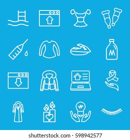 drawn icons set. Set of 16 drawn outline icons such as milk can, eyelash, blouse, overcoat, candle heart, pipette, ribbon on hand, injection rash, real estate on laptop