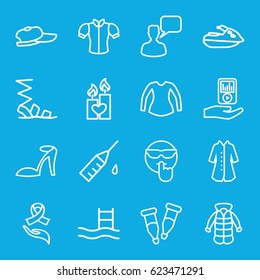Drawn icons set. set of 16 drawn outline icons such as heel sandals, sandals, blouse, overcoat, chatting man, candle heart, pipette, ribbon on hand, injection rash