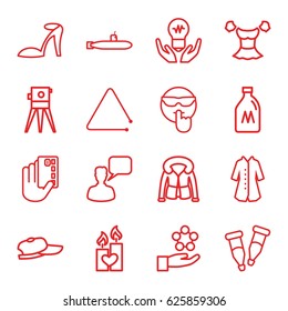 Drawn icons set. set of 16 drawn outline icons such as milk can, heel sandals, blouse, overcoat, chatting man, theodolite, candle heart, pipette, triangle musical instrument