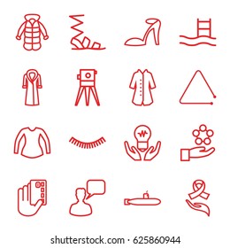 Drawn icons set. set of 16 drawn outline icons such as eyelash, heel sandals, sandals, blouse, overcoat, chatting man, theodolite, ribbon on hand, triangle musical instrument