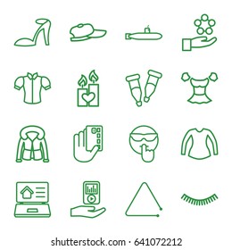 Drawn icons set. set of 16 drawn outline icons such as eyelash, heel sandals, blouse, overcoat, candle heart, pipette, triangle musical instrument, mp3 player on hand