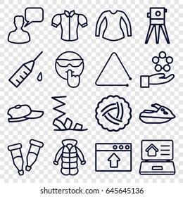 Drawn icons set. set of 16 drawn outline icons such as nest, sandals, blouse, overcoat, chatting man, theodolite, pipette, injection rash, triangle musical instrument