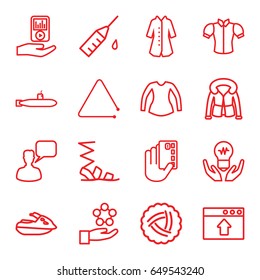 Drawn icons set. set of 16 drawn outline icons such as nest, sandals, blouse, overcoat, chatting man, injection rash, triangle musical instrument, mp3 player on hand