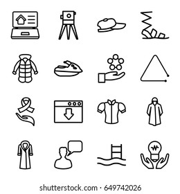 Drawn icons set. set of 16 drawn outline icons such as overcoat, sandals, blouse, chatting man, theodolite, ribbon on hand, triangle musical instrument, real estate on laptop