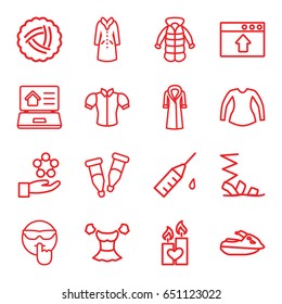 Drawn icons set. set of 16 drawn outline icons such as nest, sandals, blouse, overcoat, candle heart, pipette, injection rash, real estate on laptop, jet ski, cool emot