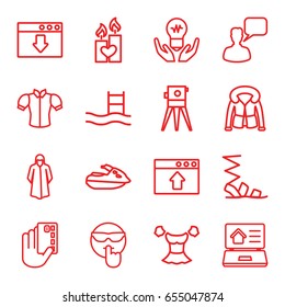 Drawn icons set. set of 16 drawn outline icons such as overcoat, sandals, blouse, chatting man, theodolite, candle heart, real estate on laptop, jet ski, cool emot