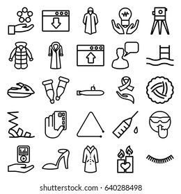 Drawn icons set. set of 25 drawn outline icons such as nest, eyelash, heel sandals, overcoat, sandals, chatting man, theodolite, candle heart, pipette, ribbon on hand