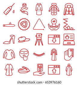Drawn icons set. set of 25 drawn outline icons such as nest, eyelash, heel sandals, overcoat, sandals, blouse, theodolite, ribbon on hand, injection rash