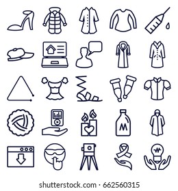 Drawn icons set. set of 25 drawn outline icons such as milk can, nest, heel sandals, overcoat, sandals, blouse, chatting man, theodolite, candle heart, pipette, ribbon on hand