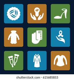 Drawn icons set. set of 9 drawn filled icons such as nest, heel sandals, blouse, overcoat, pipette, ribbon on hand, bulb in hand