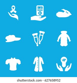 Drawn icons set. set of 9 drawn filled icons such as blouse, overcoat, pipette, ribbon on hand, mp3 player on hand, jet ski, bulb in hand