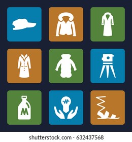 Drawn icons set. set of 9 drawn filled icons such as milk can, sandals, overcoat, theodolite, bulb in hand