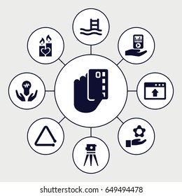 Drawn icons set. set of 9 drawn filled icons such as theodolite, candle heart, triangle musical instrument, mp3 player on hand, bulb in hand, pool ladder