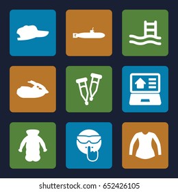 Drawn icons set. set of 9 drawn filled icons such as blouse, overcoat, cool emot, pipette, real estate on laptop, jet ski, submarine, pool ladder