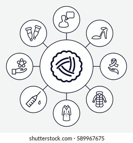 drawn icons set. Set of 9 drawn outline icons such as nest, heel sandals, overcoat, chatting man, pipette, ribbon on hand, injection rash