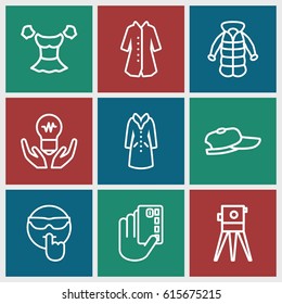Drawn icons set. set of 9 drawn outline icons such as blouse, overcoat, theodolite, cool emot, credit card in hand, baseball cap