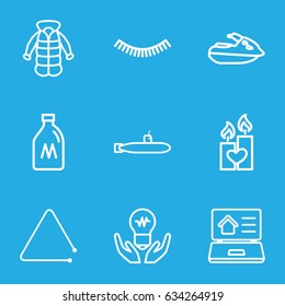 Drawn icons set. set of 9 drawn outline icons such as milk can, eyelash, overcoat, candle heart, triangle musical instrument, real estate on laptop, submarine, jet ski