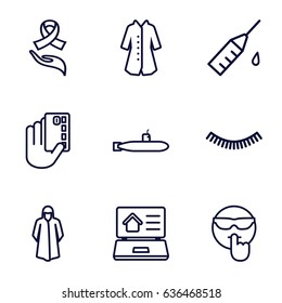 Drawn icons set. set of 9 drawn outline icons such as eyelash, overcoat, ribbon on hand, injection rash, real estate on laptop, submarine, cool emot