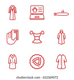 Drawn icons set. set of 9 drawn outline icons such as nest, overcoat, blouse, real estate on laptop, submarine