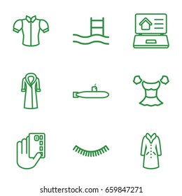 Drawn icons set. set of 9 drawn outline icons such as eyelash, blouse, overcoat, real estate on laptop, submarine, credit card in hand