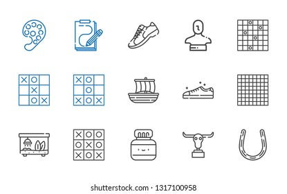 drawn icons set. Collection of drawn with horseshoe, buffalo, chinese ink, tic tac toe, terrarium, sneakers, trireme, statue, sketch, paint palette. Editable and scalable drawn icons.
