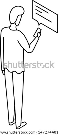 Drawn illustration of a man standing, recieving and reading a message on the smartphone