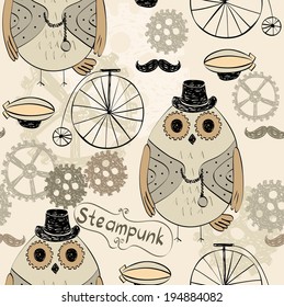 drawn illustration of an owl in style steampunk