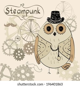 drawn illustration of an owl in style steampunk