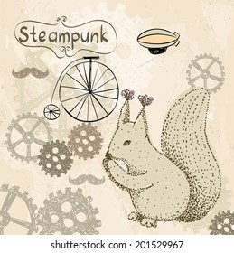 drawn illustration of an  squirrel in style steampunk