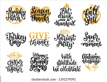 Drawn illustrations for Thanksgiving day. Pumpkin Patch, Turkey Day, Fall Yall, Harvest Party etc., vector handwritten calligraphy set. Used for invitation, greeting card, poster. 