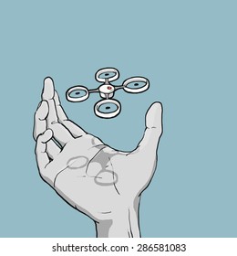 Drawn image of a small drone flying above the hand.
