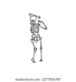 Drawn in ink hand drawn skeleton dance. flyer design. Engraved isolated art. Use for print. Vector eps 10