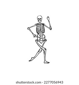 Drawn in ink hand drawn skeleton dance. flyer design. Engraved isolated art. Use for print. Vector eps 10